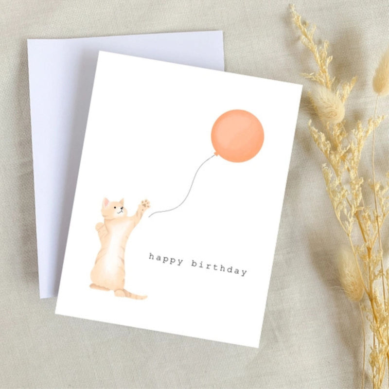 "Happy Birthday" Cat Catching A Balloon Birthday Card