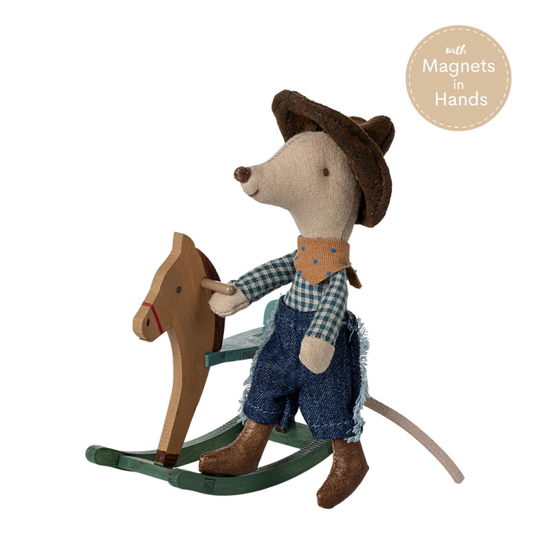 Cowboy Mouse on Rocking Horse, Little Brother with Manget Hands