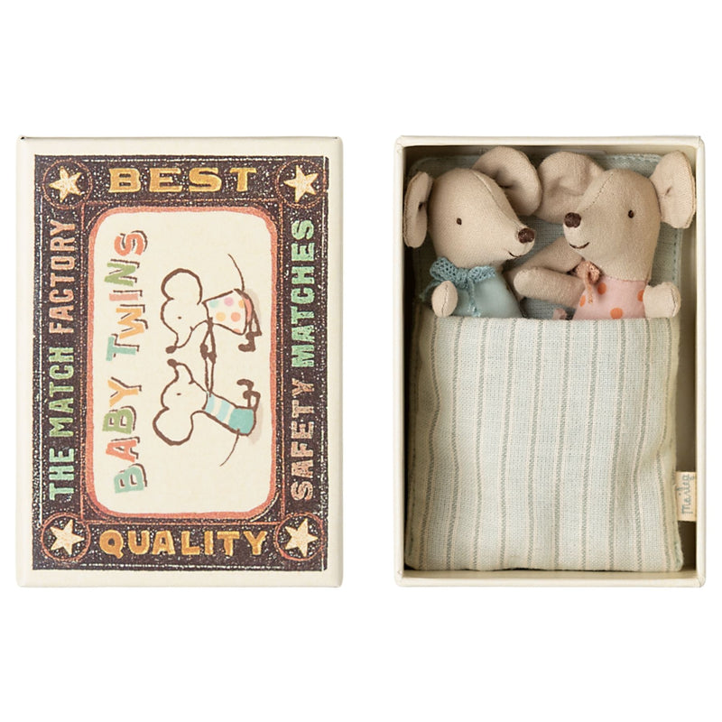 Twin, Baby Mice in Matchbox - Blue Blanket