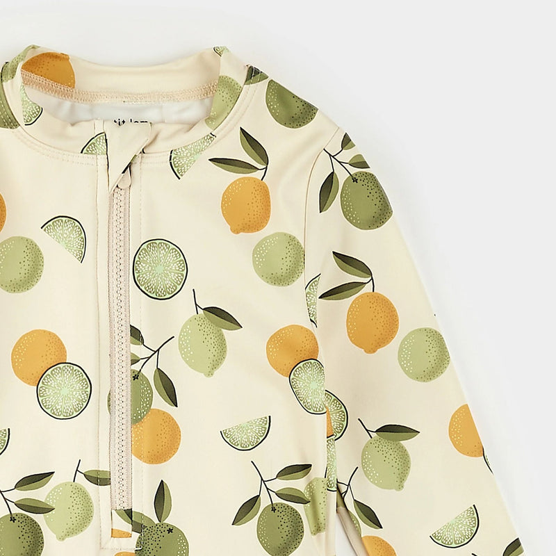 Citrus Print on Antique White Long-Sleeve One-Piece Swimsuit