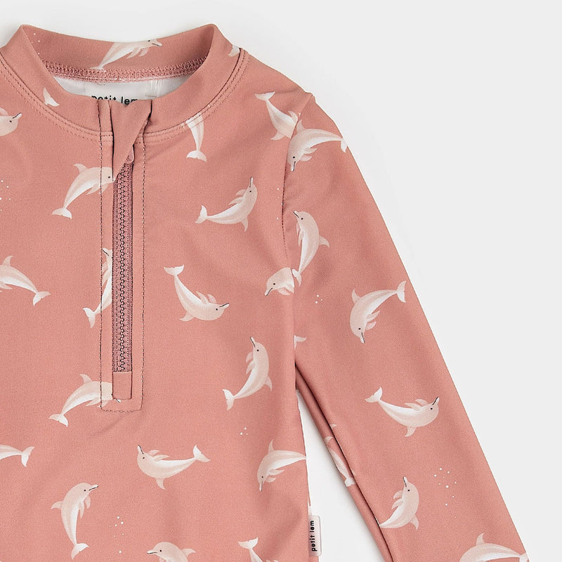 Dolphin Print on Wild Rose Long-Sleeve One-Piece Swimsuit
