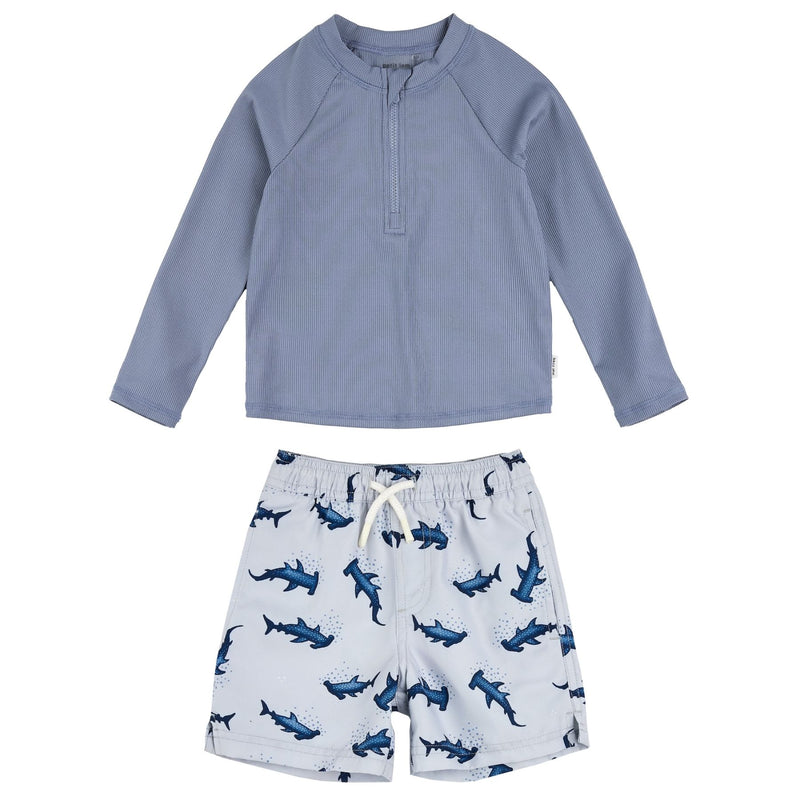 Ribbed Long Sleeve Rashguard + Swim Trunks Set, Hammerhead Shark