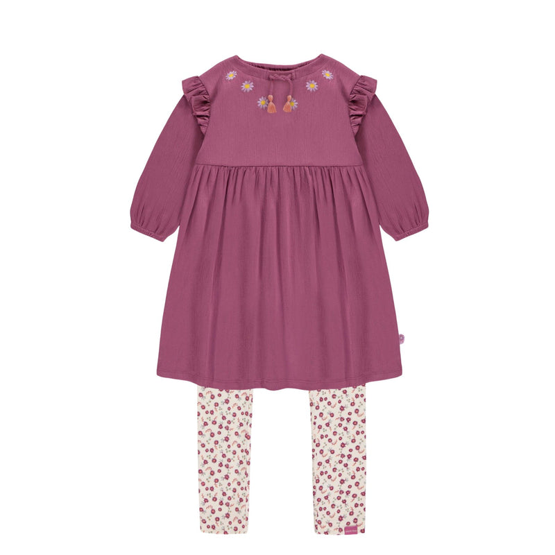 Flared Fit Purple-Pink Crinkle Jersey Dress + Floral Legging Set