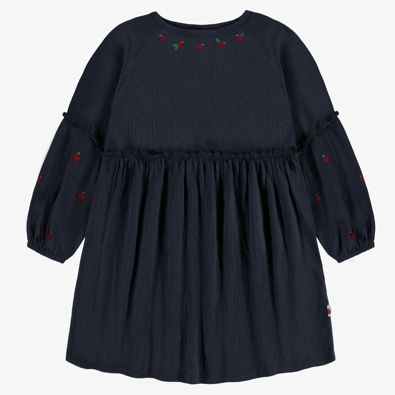 Relaxed and Flared Fit Crinkle Navy Dress with  Apple Embroidery + Rib Knit Legging Set
