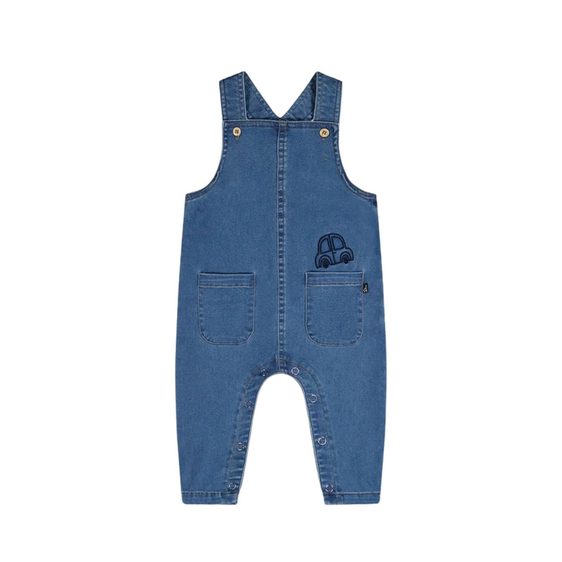 Organic Cotton Onesie with Blue Denim Overalls Set, Car