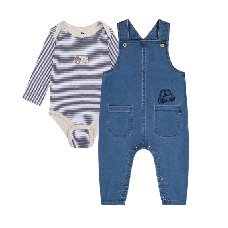 Organic Cotton Onesie with Blue Denim Overalls Set, Car
