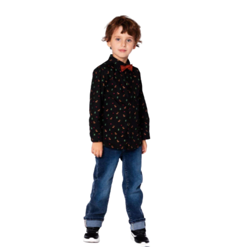 Printed Black Poplin Shirt, Bow Tie and Stretch Twill Pants