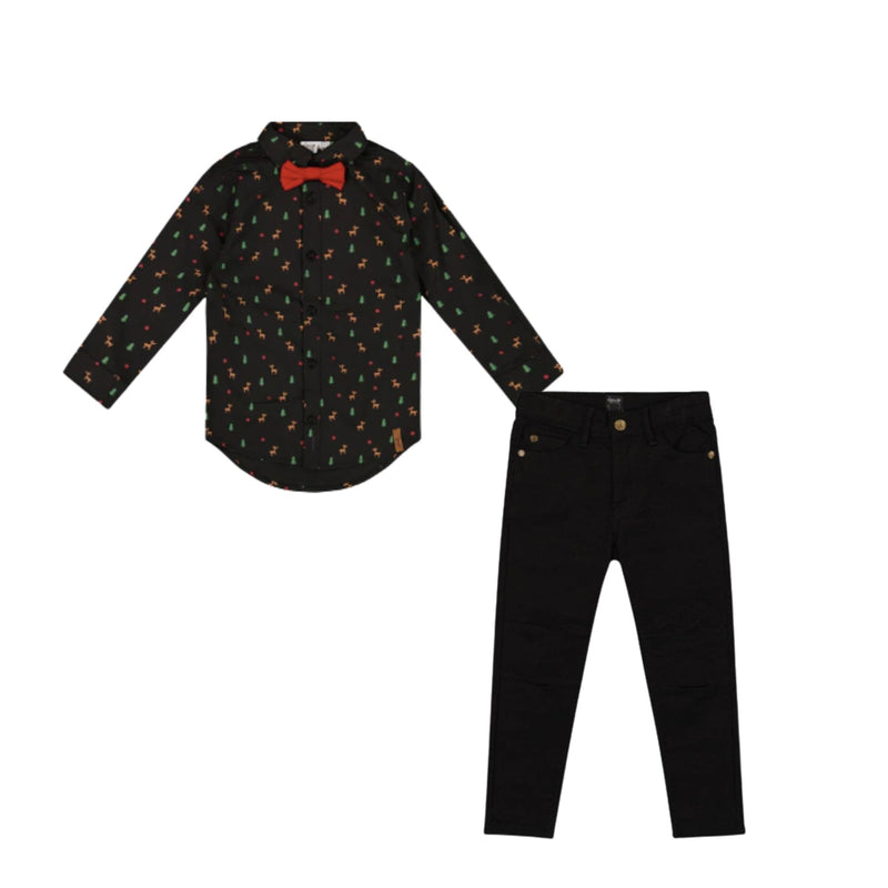 Printed Black Poplin Shirt, Bow Tie and Stretch Twill Pants
