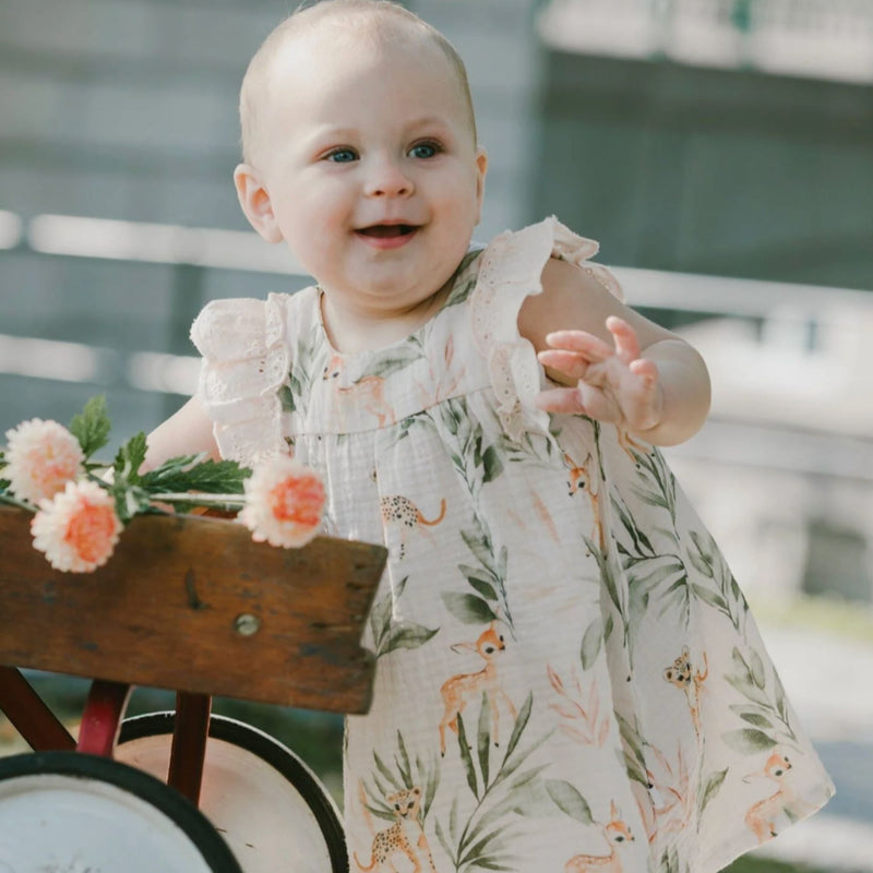Organic Muslin Cotton Dress and Bloomer Set, Leopard Jungle
