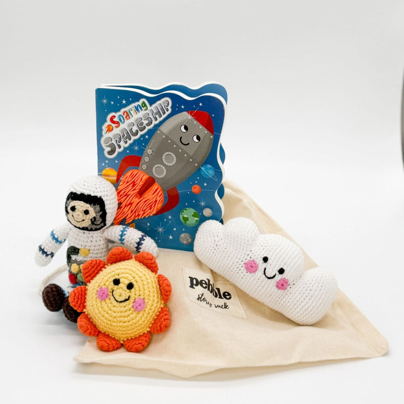 Soaring Spaceship Book and Matching Cotton Rattles Set