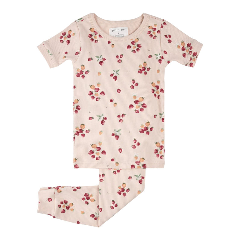 Strawberry on Soft Pink Ribbed, Short Sleeves PJ Set