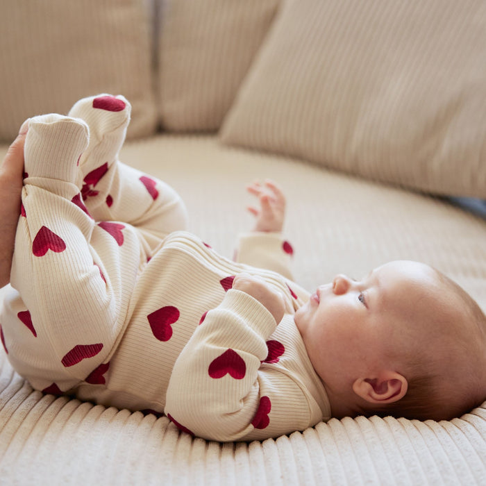 Heart Print on Ribbed Antique White, Footed Sleeper