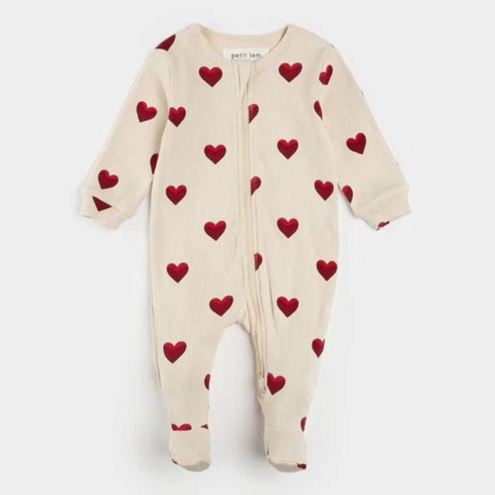 Heart Print on Ribbed Antique White, Footed Sleeper