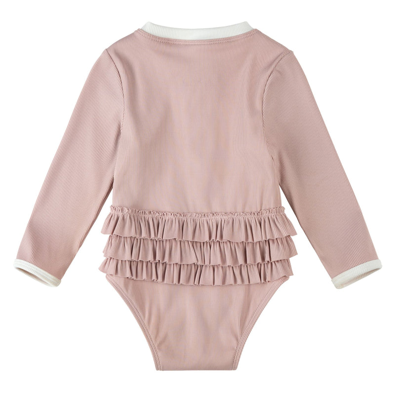 Lavender Ribbed Long-Sleeve One-Piece Swimsuit