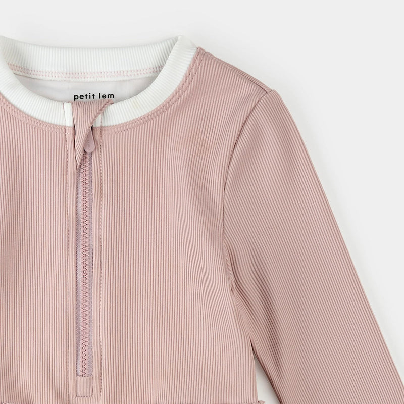 Lavender Ribbed Long-Sleeve One-Piece Swimsuit