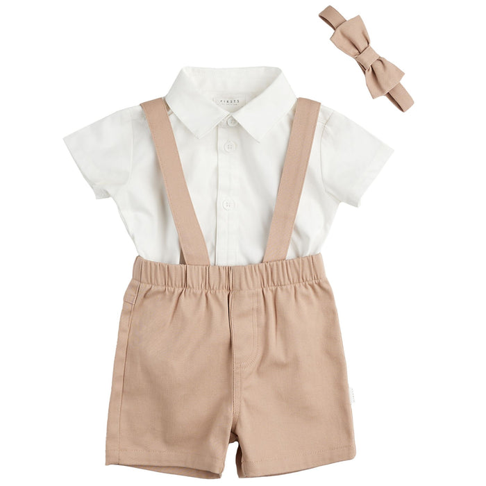 Poplin Shirt + Suspender Short Set with Bowtie