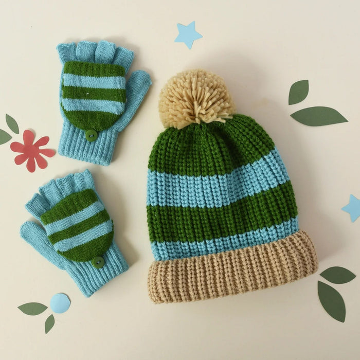 Cozy Striped Knitted Gloves Green