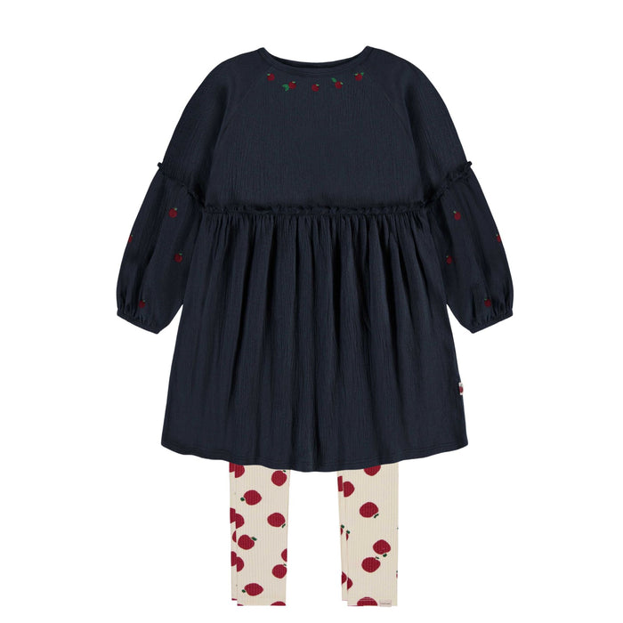 Relaxed and Flared Fit Crinkle Navy Dress with  Apple Embroidery + Rib Knit Legging Set