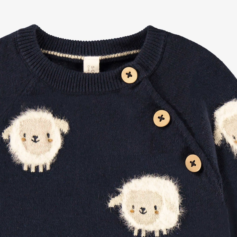 Navy Blue Knit Sweater with Sheep Patterns