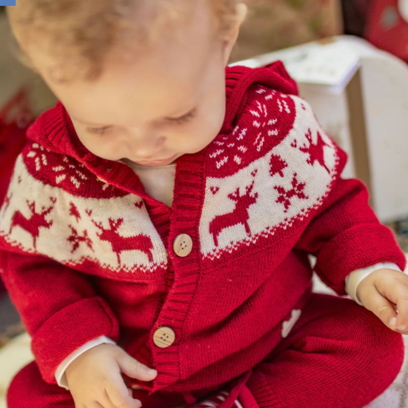 Red Knit Cardigan Set, Jacquard Winter Deer