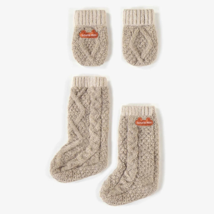 Knitted Slipper+ Mitten Set, Cream