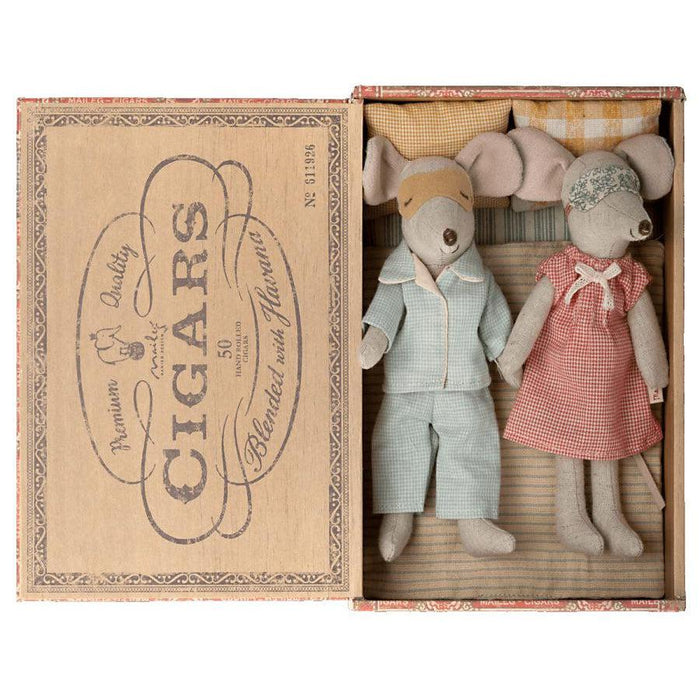 Maileg Mum + Dad Mice in Cigarbox, Check PJs-Simply Green Baby