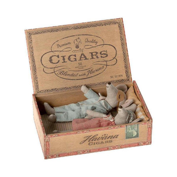 Maileg Mum + Dad Mice in Cigarbox, Check PJs-Simply Green Baby